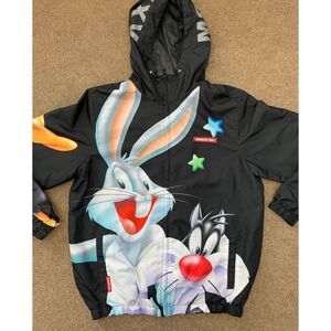 Members Only Looney Tunes Jacket Mens M Bugs Bunny Hooded Zip-Up Windbreaker